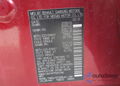 2015 Nissan Rogue S/Sl/Sv из США, поврежденный, VIN KNMAT2MT4FP550796